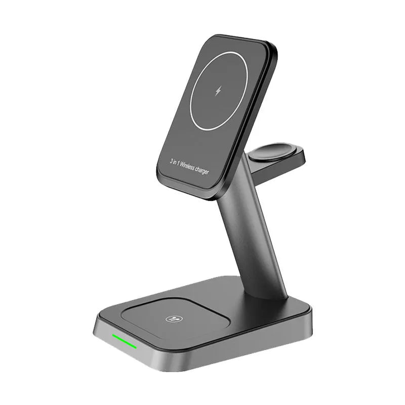 Black cubic 3-in-1 vertical wireless charger and portable power bank on a desk.