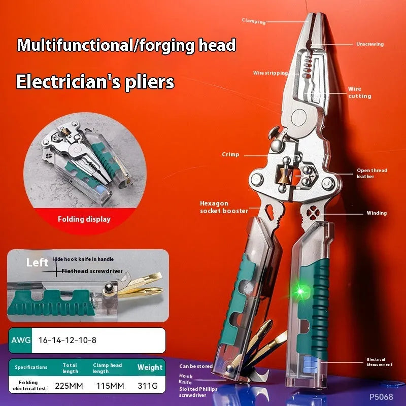 Thickened multi-functional electric wire stripper and pointed pliers tool on a workbench.