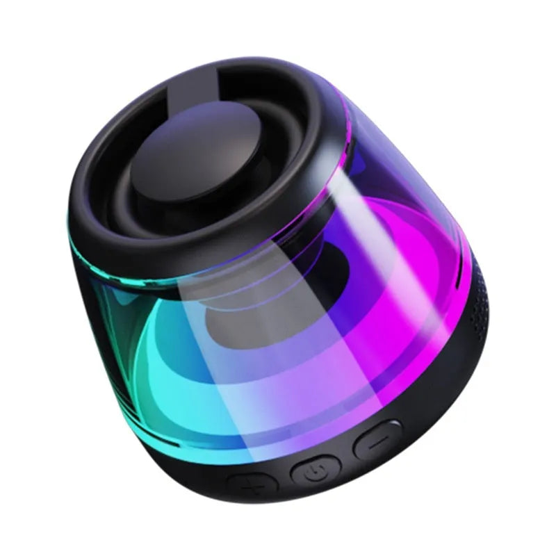 Portable Bluetooth speaker with ambient lighting and magnetic base in black or white colour