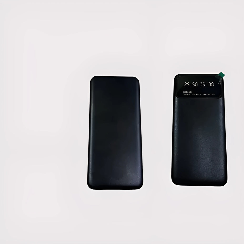 Black ultra-thin power bank showing compact design with dimensions 67x14x140 mm