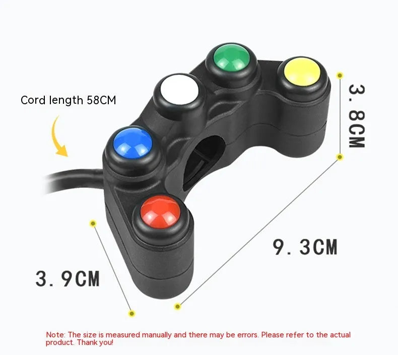 Plastic five-position vehicle rocker switch with red, yellow, blue, green, and white buttons and 52cm wire