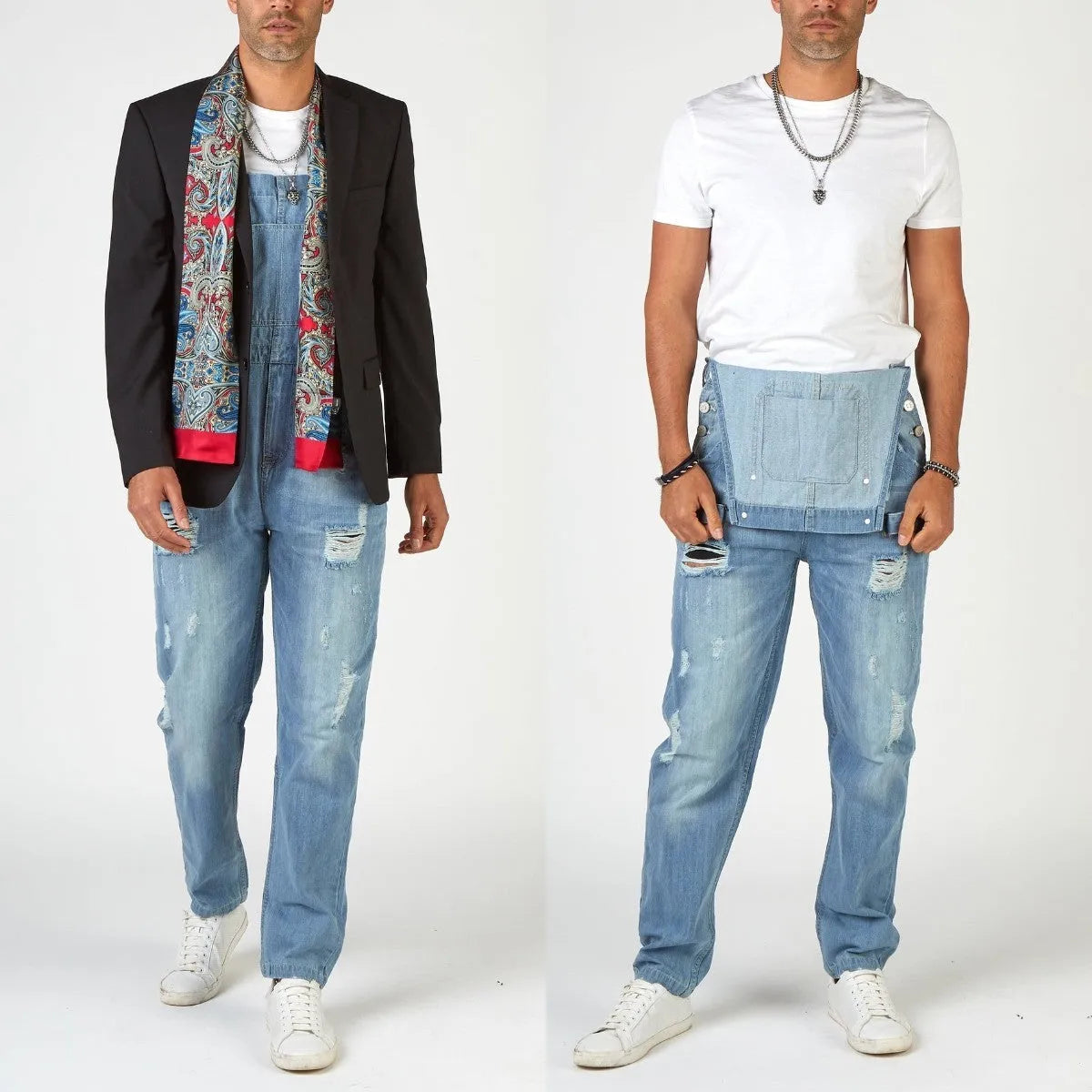 Light blue men's suspender jeans with ripped detailing, straight leg cut, and button cardigan closure