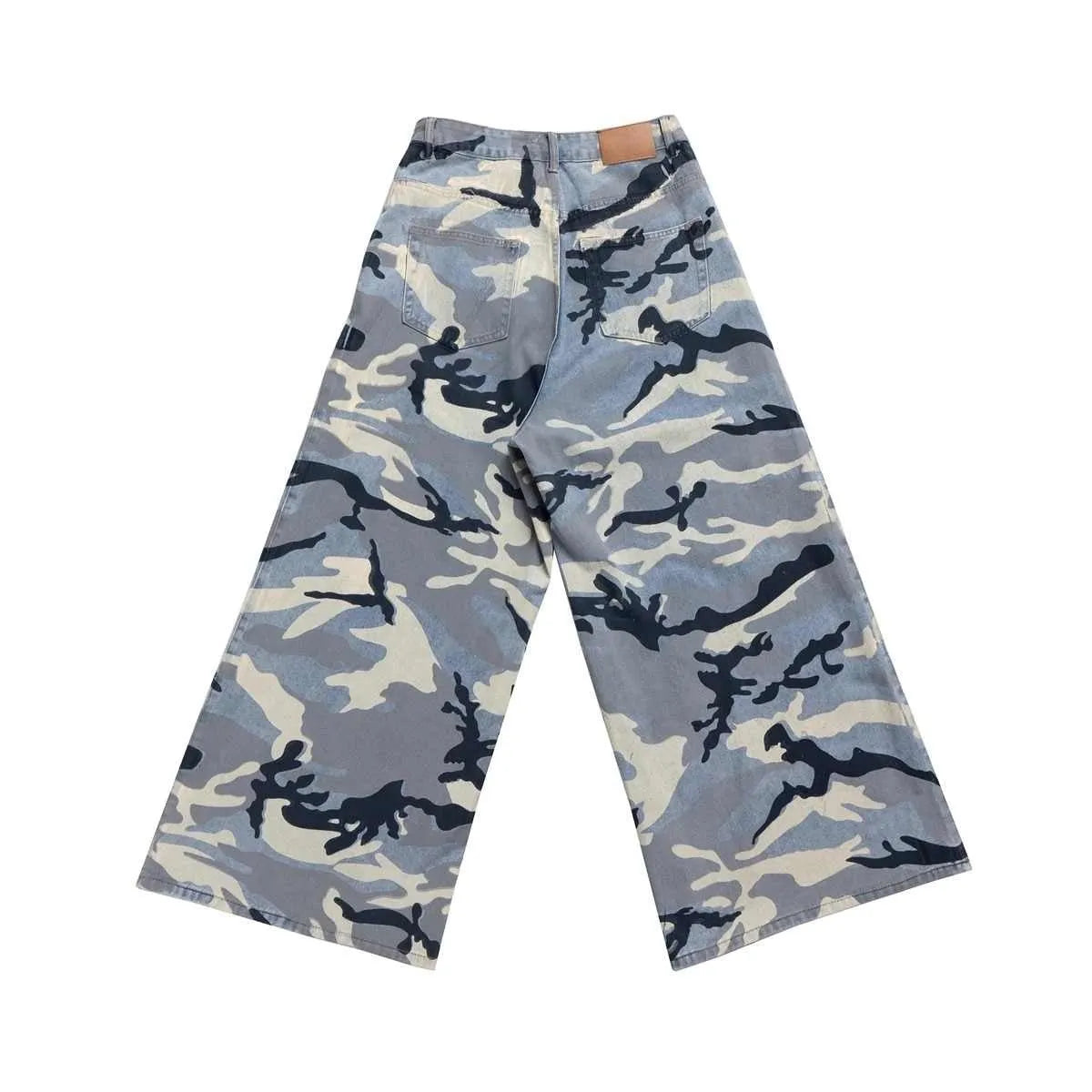 Snow camouflage blue loose fit jeans with mid waist design in cotton elastic denim fabric
