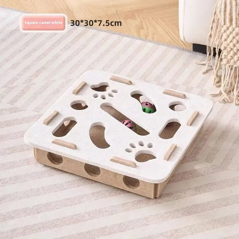 Square green brown felt cat toy box with hole for pawing play