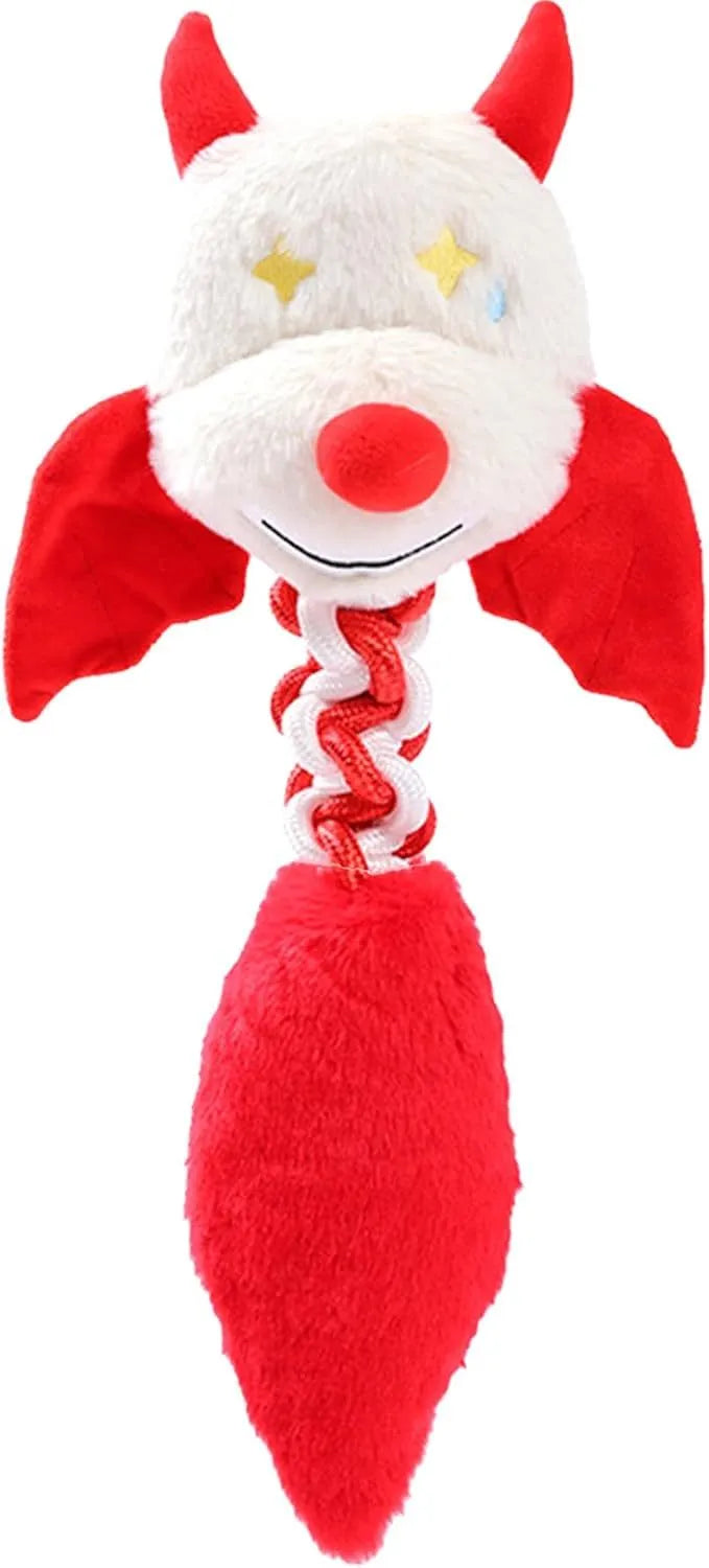Large green plush dog toy with cartoon shape, shown next to a red version, on a white background.
