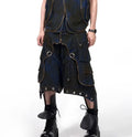 Blue hooded denim vest coat with matching trousers set in Korean style