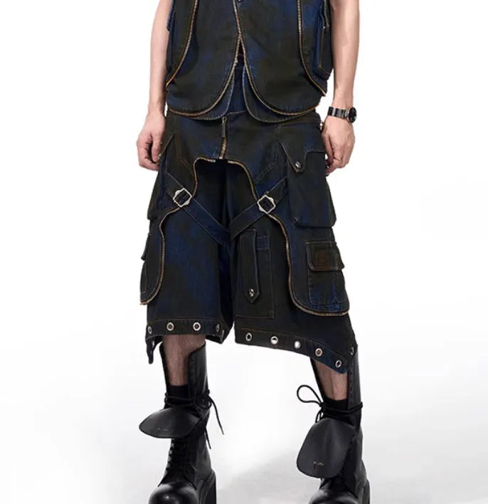 Blue hooded denim vest coat with matching trousers set in Korean style