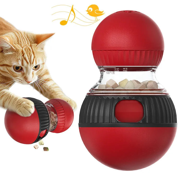 Rotating plastic cat toy with sound features and food dropping ball for indoor pet enrichment