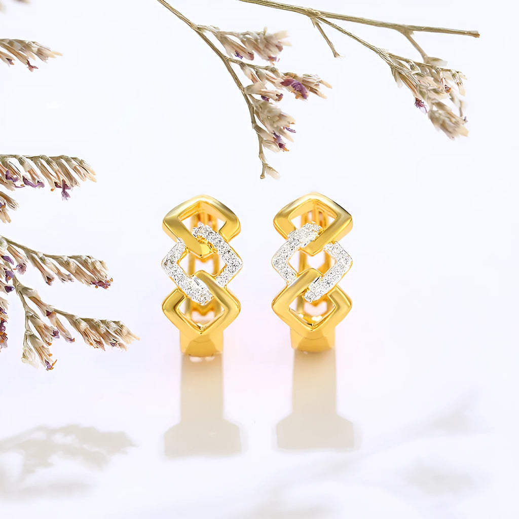 Geometric hollow-out gold earrings with electroplated finish and colour separation design