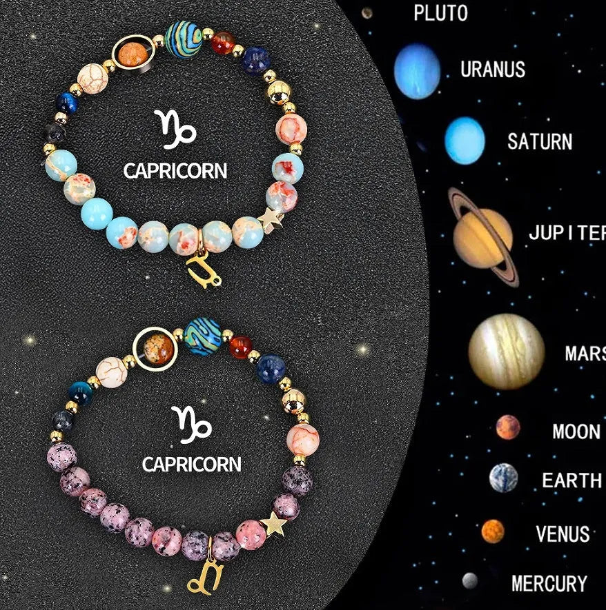 Natural stone zodiac sign beaded bracelets showing two bracelets with gemstone beads