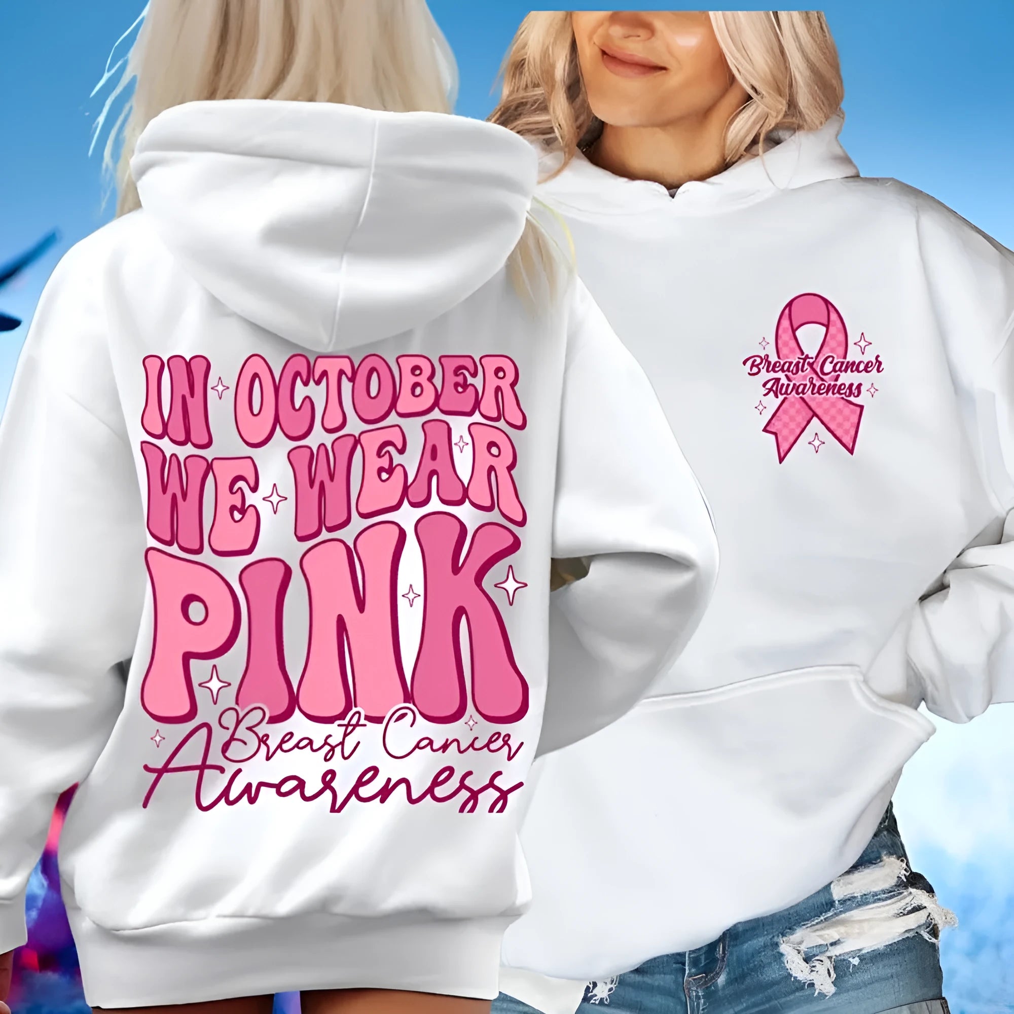 Breast Cancer Awareness hoodie with retro hot stamp design and side seam pocket in selected colour.
