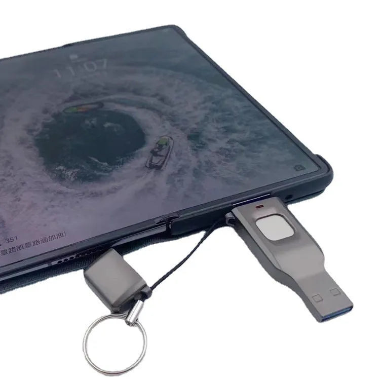 Black fingerprint encrypted USB flash drive with USB 3.0 and USB-C connectors