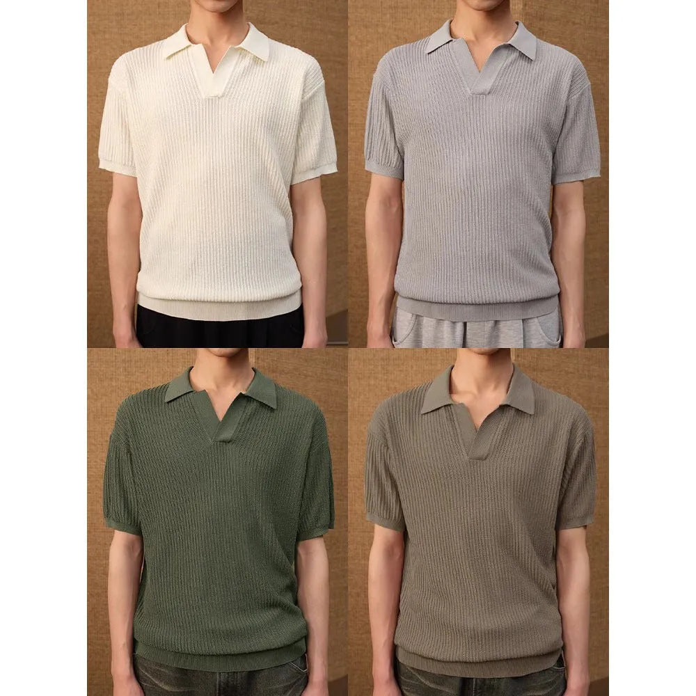 Business style polo shirt with stripes in ice silk breathable fabric, available in creamy-white, black, and grey colours