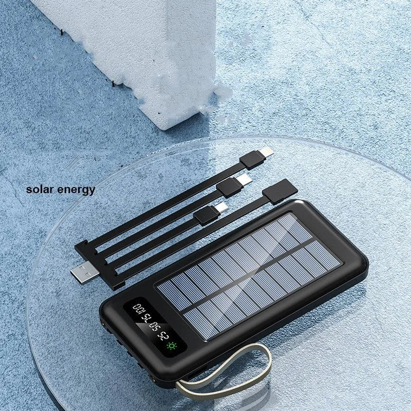 Cool black and ivory white solar power bank showing front display and solar panel surface.