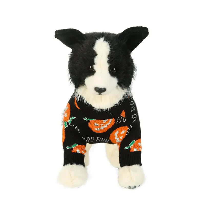 Black dog sweater with an orange pumpkin pattern for Halloween, shown on a model dog.