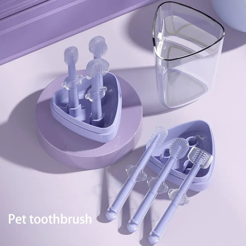 Purple silicone pet toothbrush with soft bristles and small head for cat and dog teeth cleaning