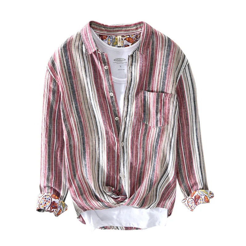 Men's striped linen shirt in loose fit with long sleeves for casual wear