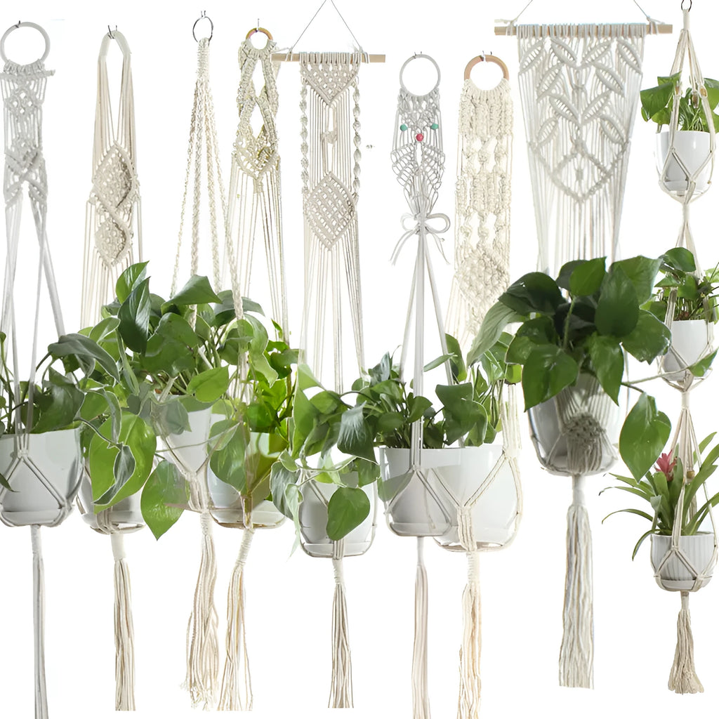 Beige handmade cotton rope hanging basket sling holding a flower pot with 12-18cm bottom diameter
