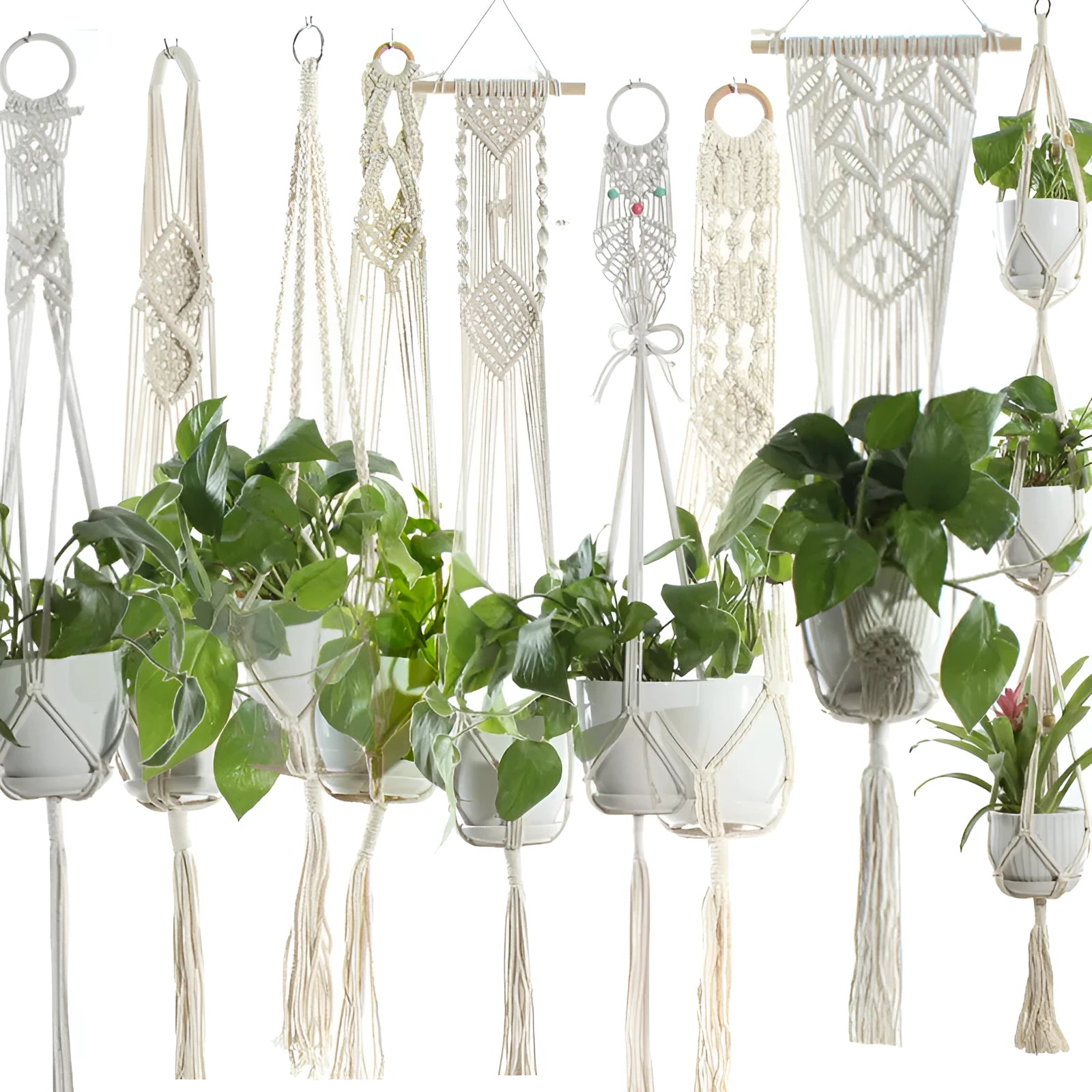 Beige handmade cotton rope hanging basket sling holding a flower pot with 12-18cm bottom diameter