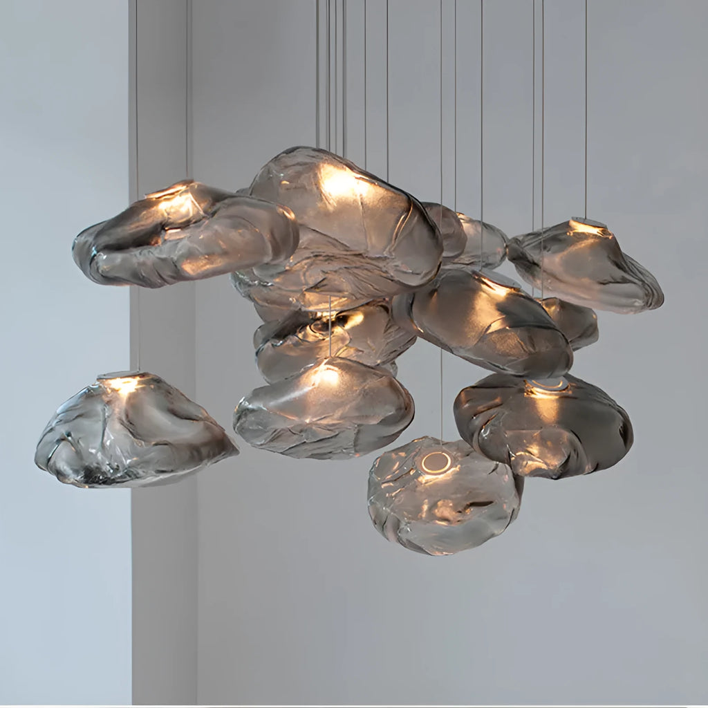 Modern minimalist glass chandelier with LED lighting in amber, clear, or smoke grey colour options