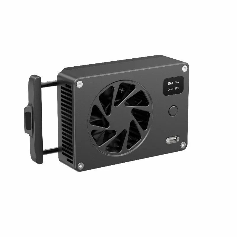 Black aluminium computer cooling radiator measuring 89mm x 52mm with attached power cord