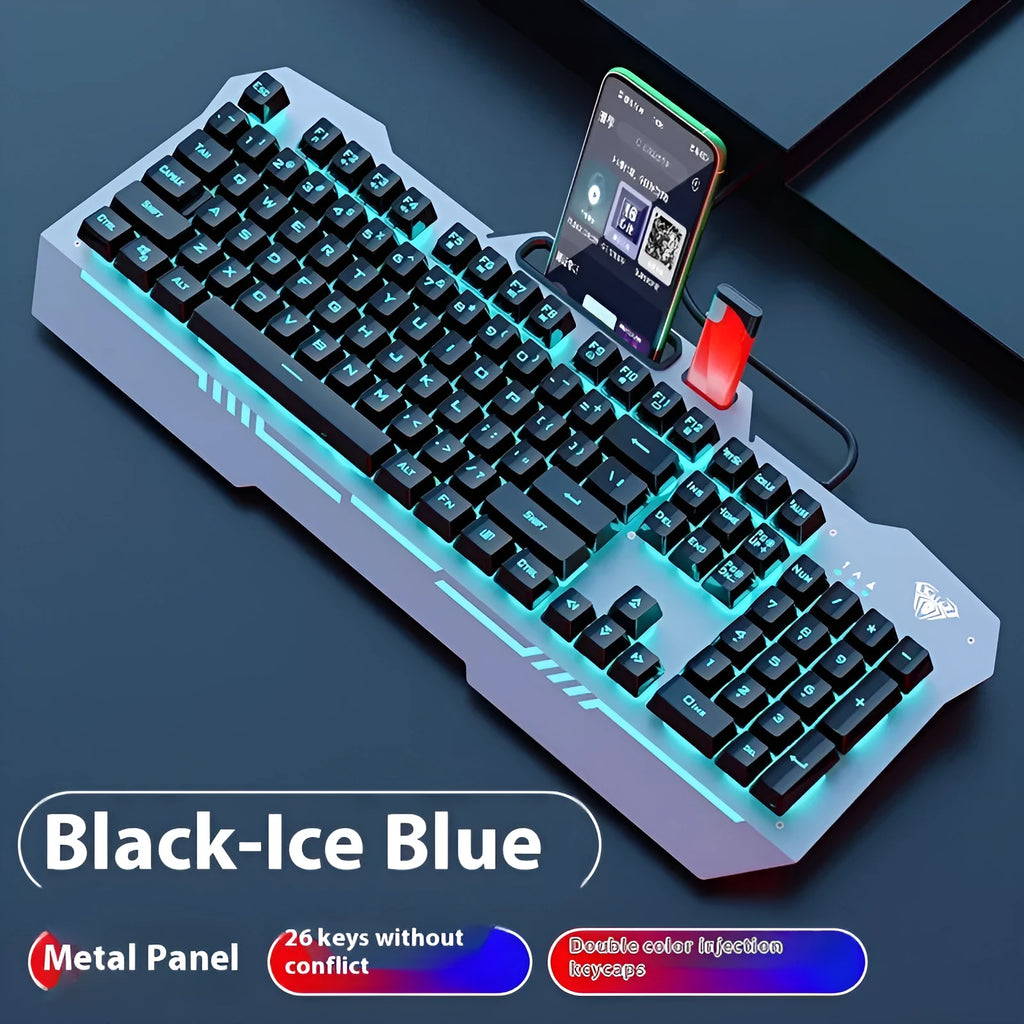 Mechanical gaming bundle showing black keyboard with blue backlighting alongside matching mouse and headset