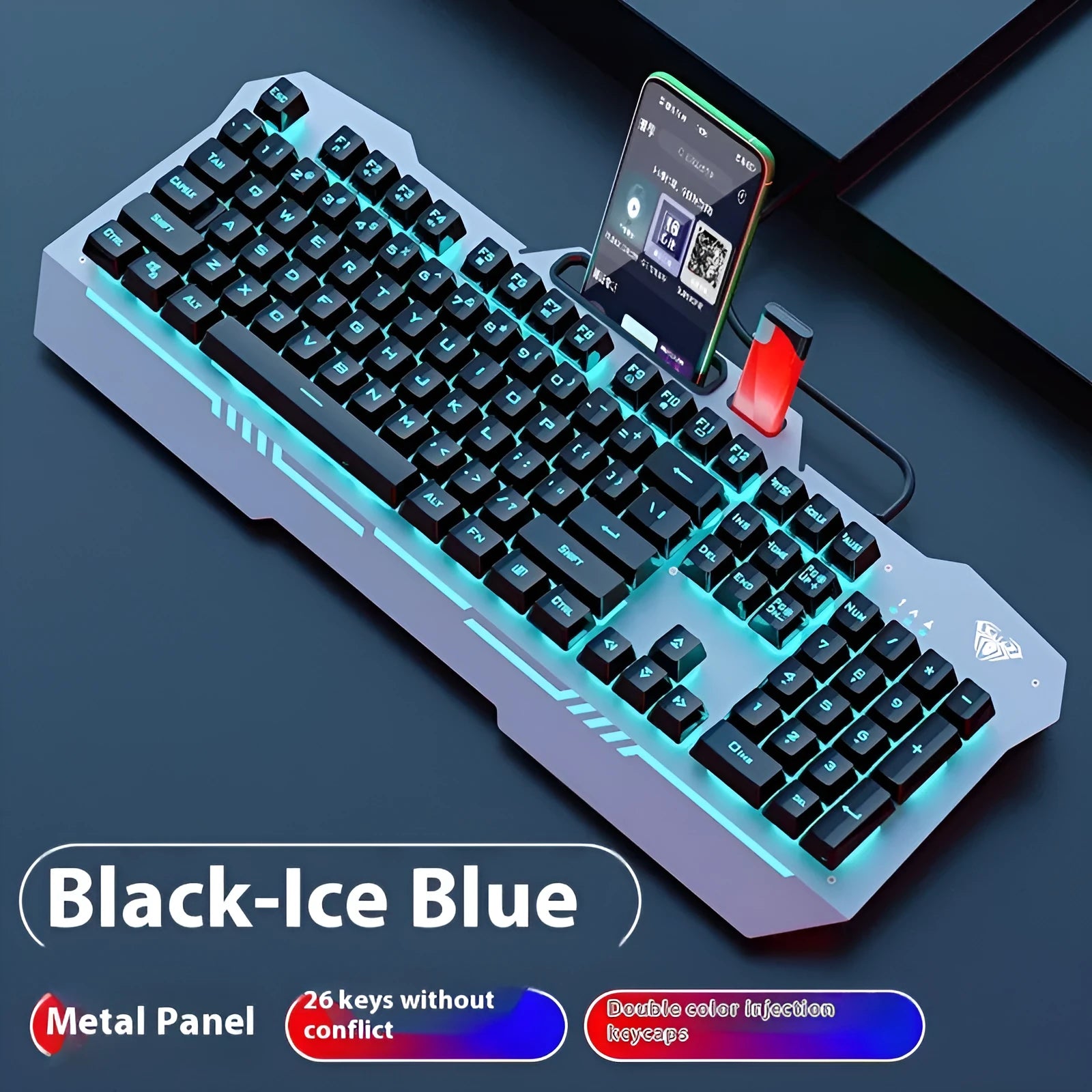 Mechanical gaming bundle showing black keyboard with blue backlighting alongside matching mouse and headset