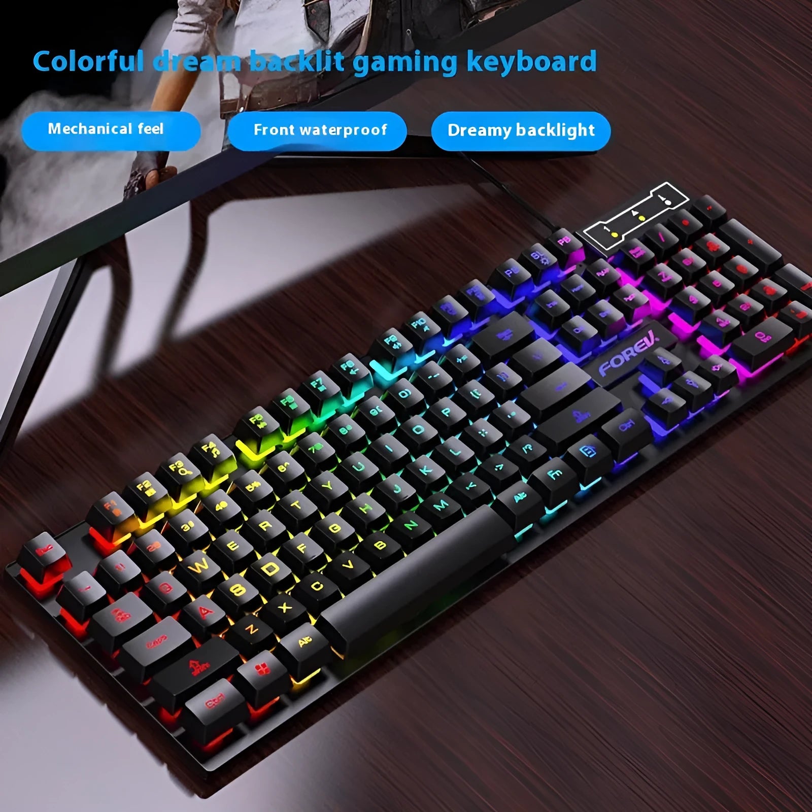 Black 104-key gaming keyboard with backlight and gaming mouse bundle on desktop