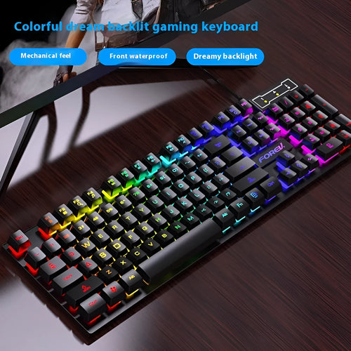 Black 104-key gaming keyboard with backlight and gaming mouse bundle on desktop
