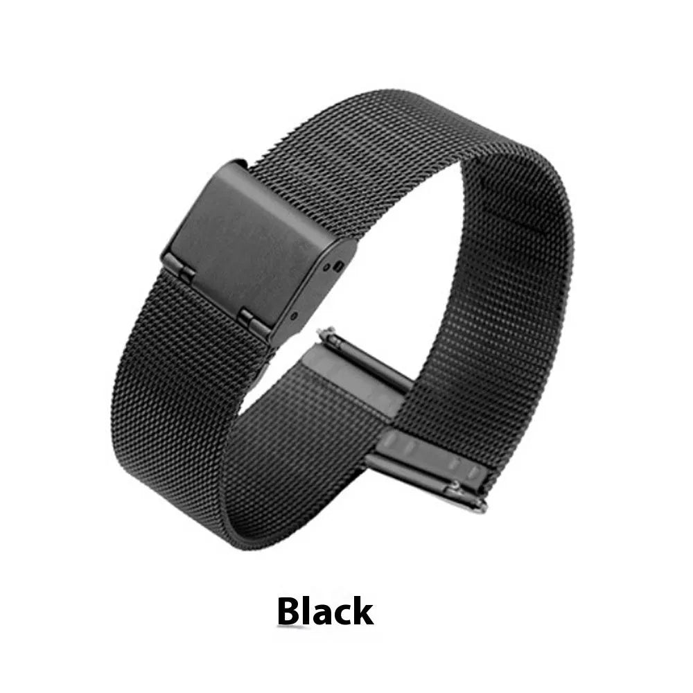 Milani stainless steel watch band with woven silk texture in silver, black, rose gold, and gold colours.
