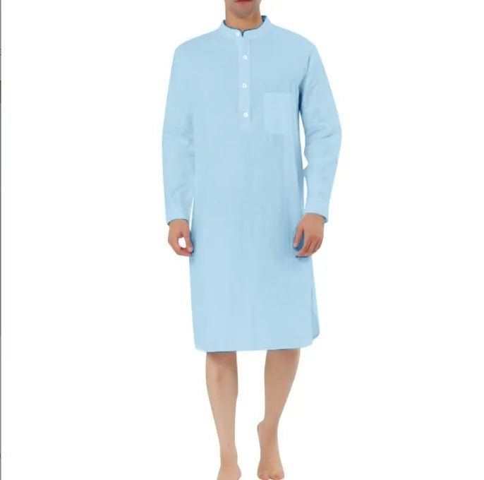 Men's cotton shirt robe with pockets shown in multiple colour options