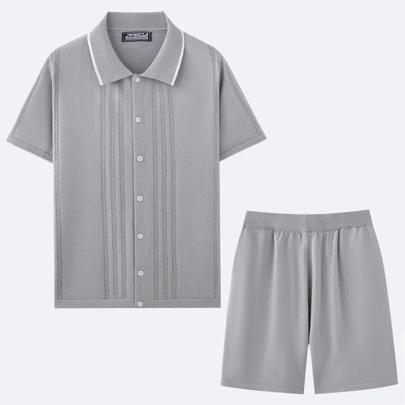 Men's khaki Tencel viscose business casual set with short sleeve top and matching shorts