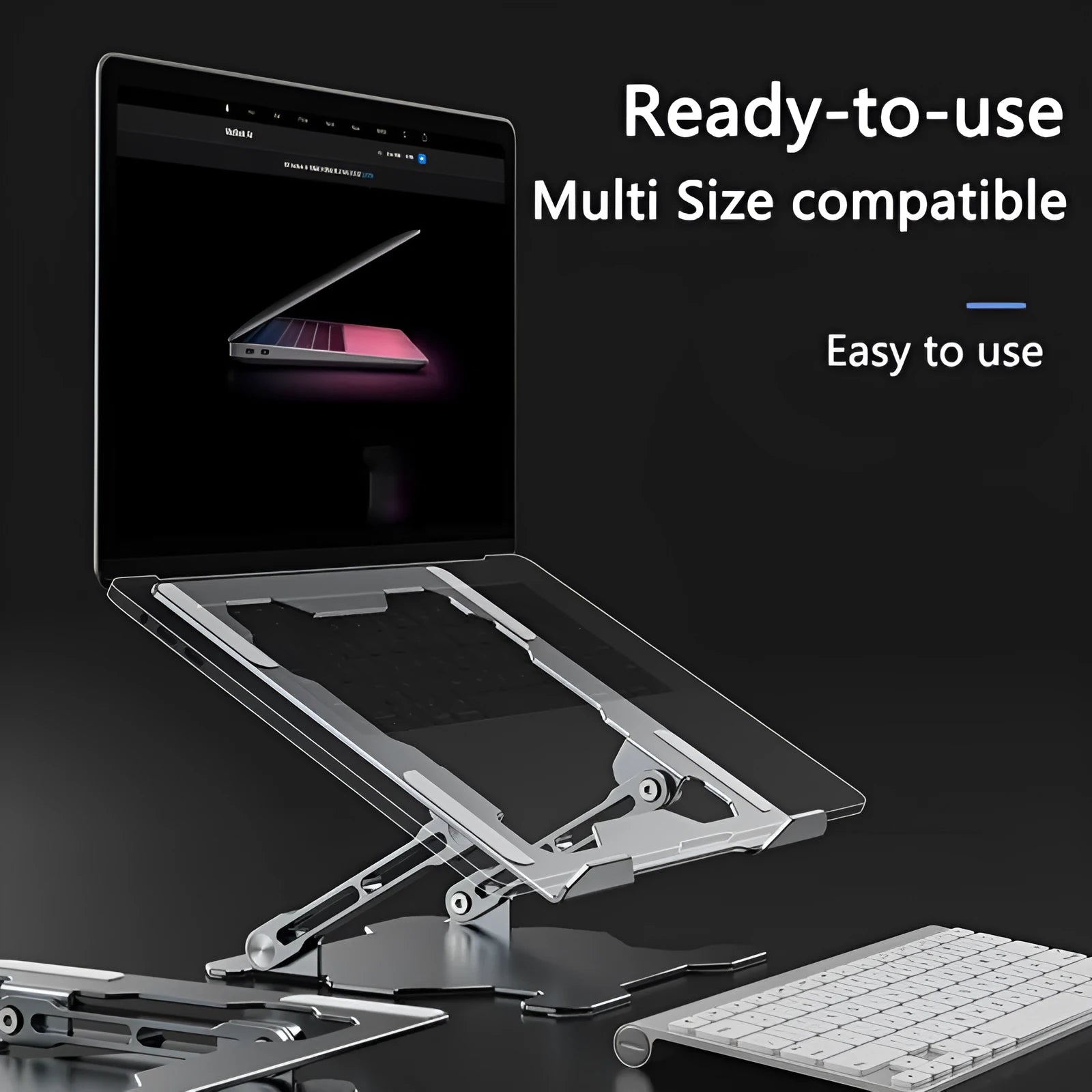 Grey aluminium adjustable laptop stand holding a silver laptop on a wooden desk.