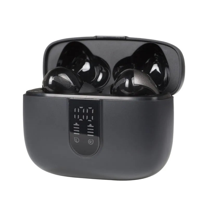 Jerry X08 black wireless in-ear headphones with digital display next to their USB charging case.