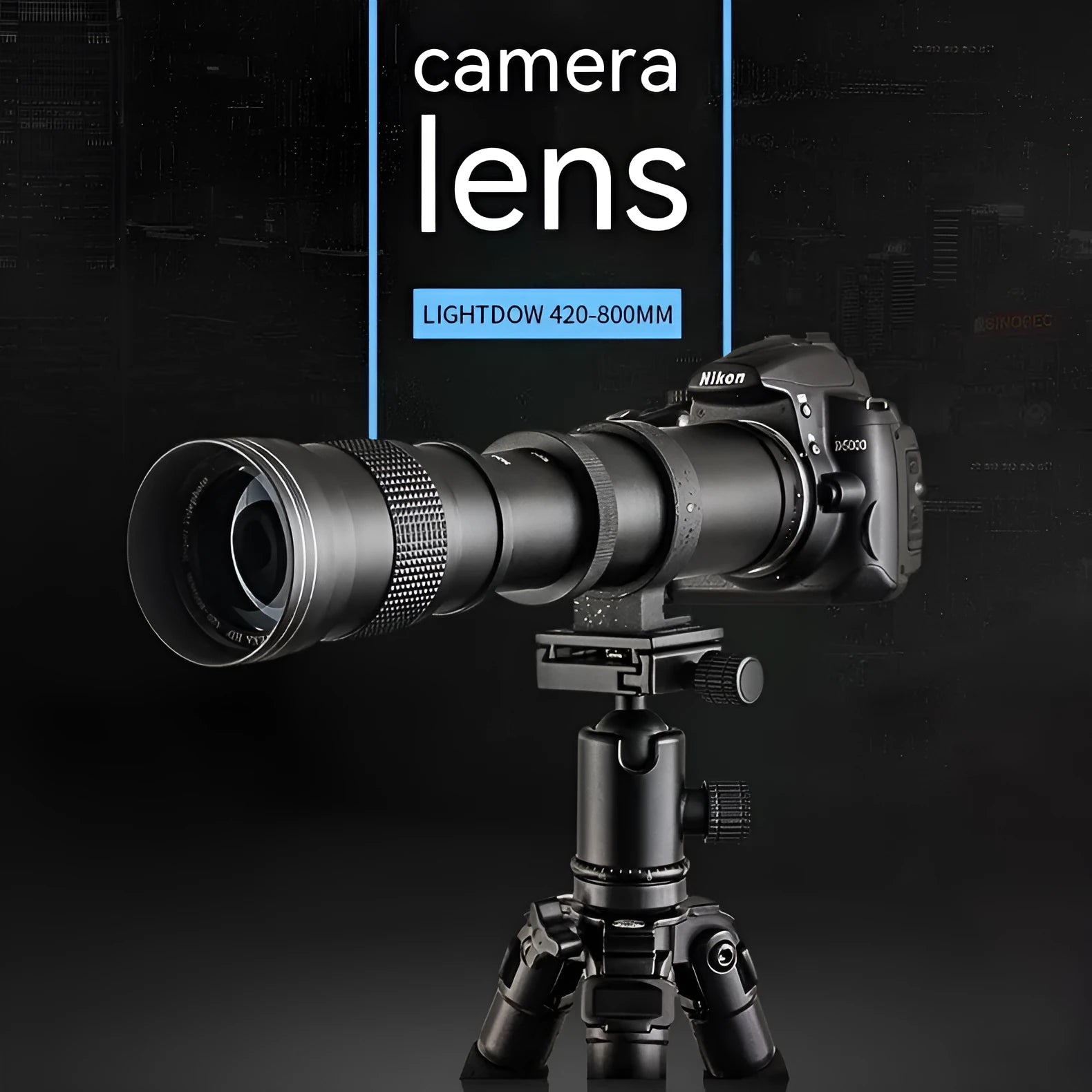 Manual 420-800mm zoom adapter lens with T-mount for full-frame cameras showing 67mm filter thread