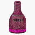 Gold champagne bottle shaped evening clutch bag with rhinestone decoration showing 12cm length and 20cm height