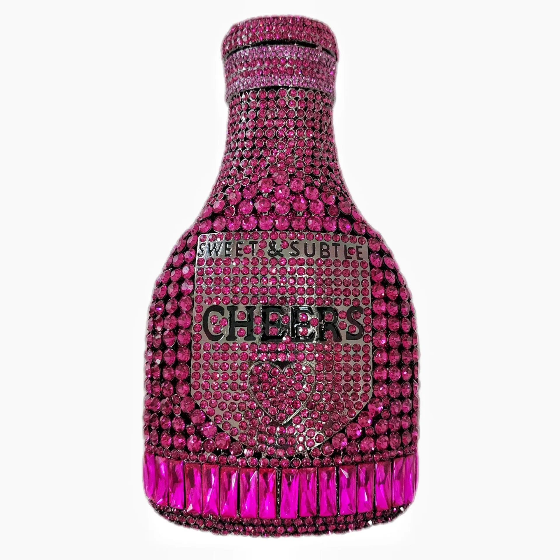 Gold champagne bottle shaped evening clutch bag with rhinestone decoration showing 12cm length and 20cm height