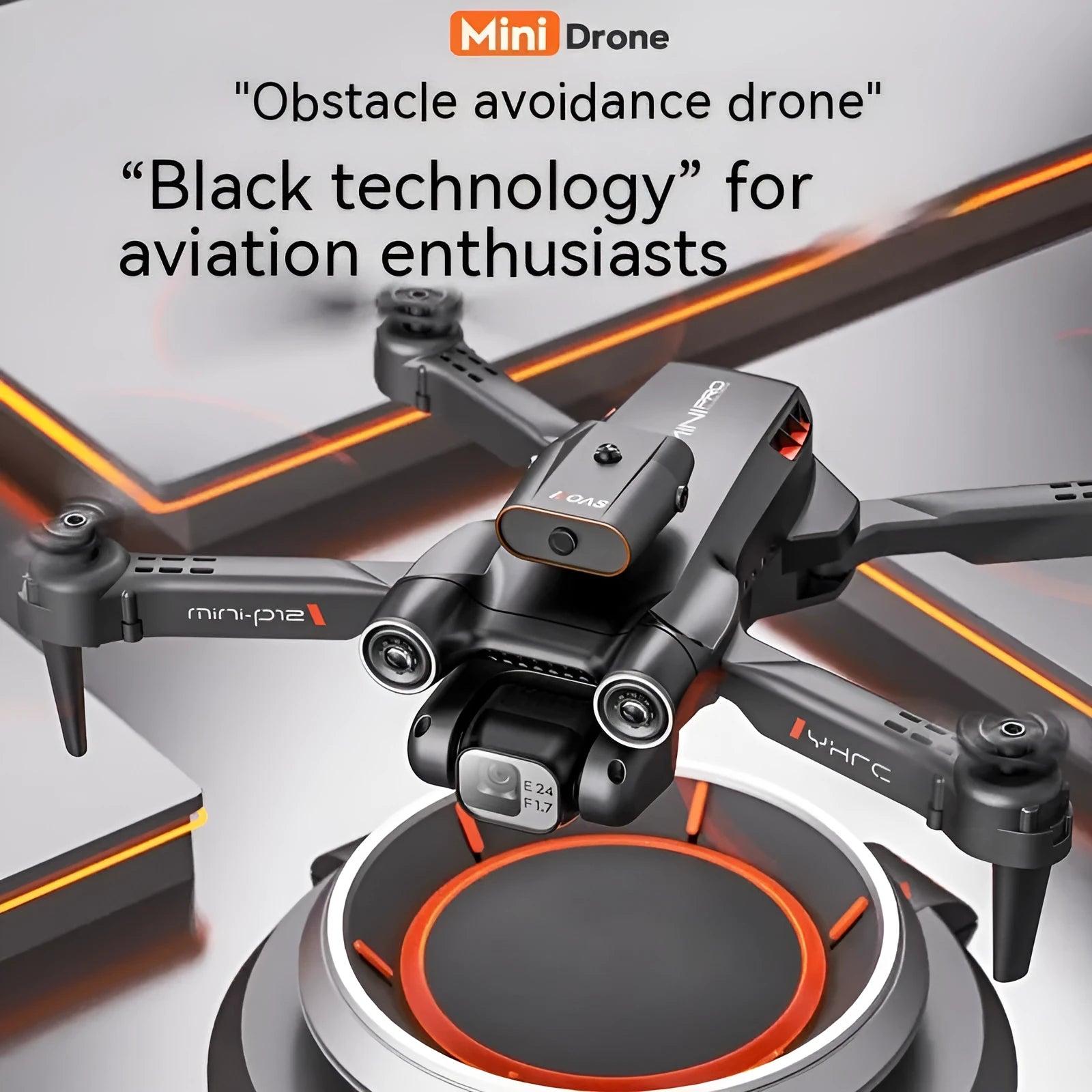 Black foldable quadcopter drone with four propellers and an underside HD camera