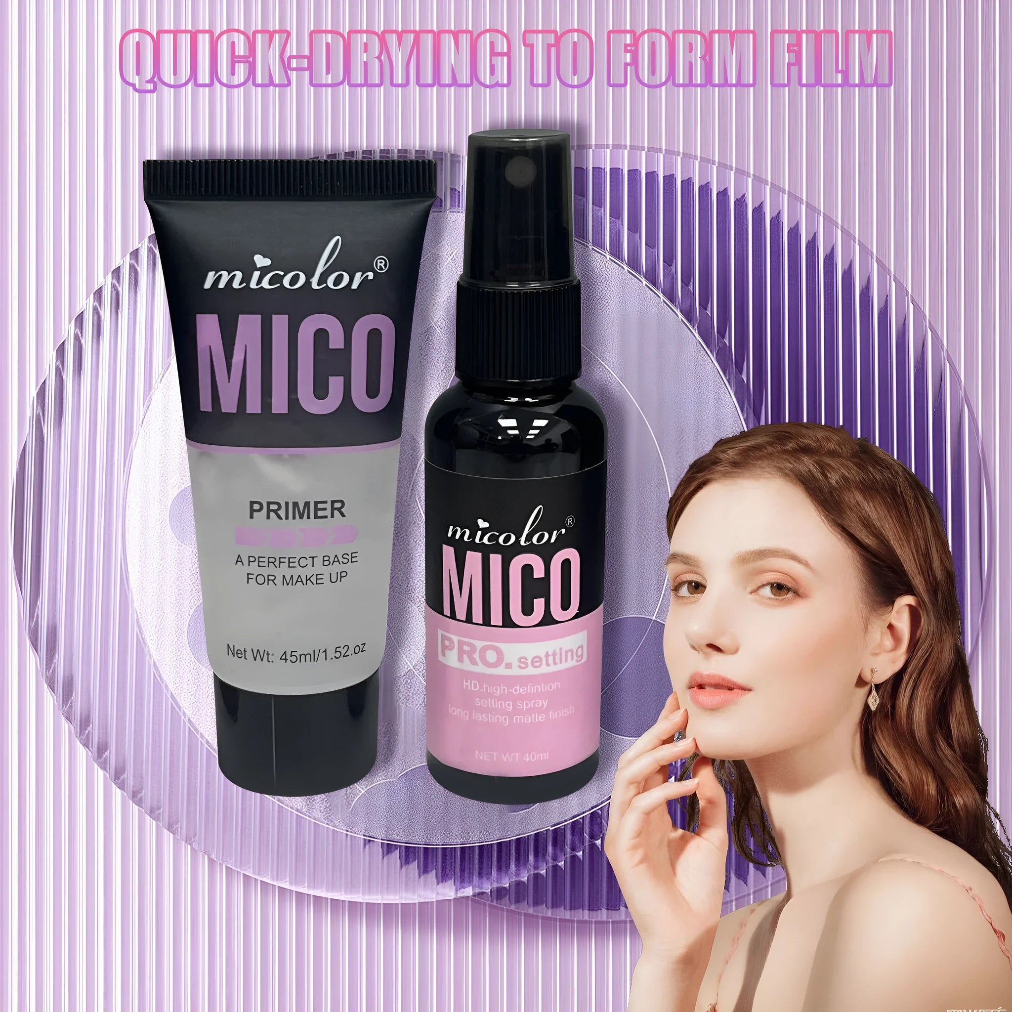 Makeup primer and setting spray two-in-one kit with 45ml and 40ml bottles.