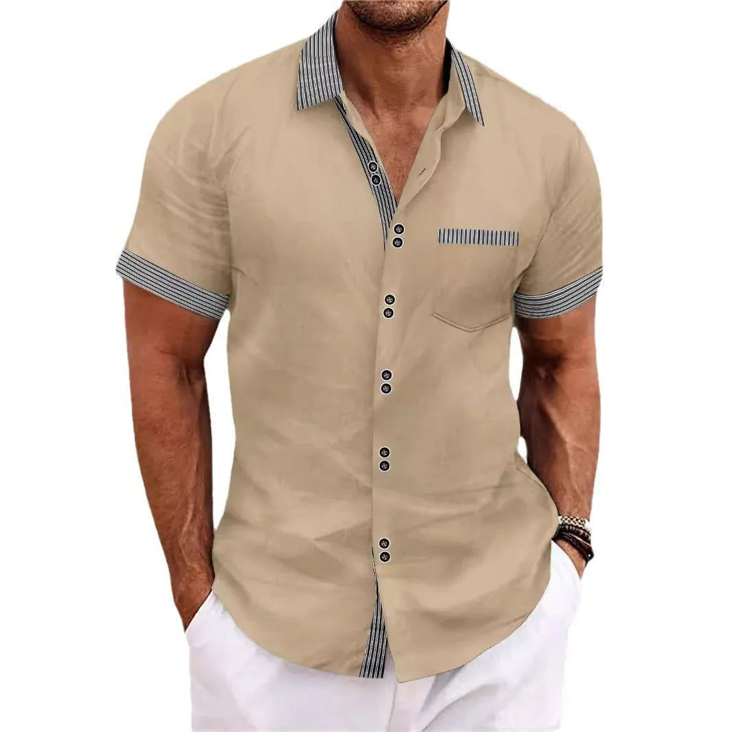 Slim fit striped short sleeve casual shirt in pure cotton with double button front