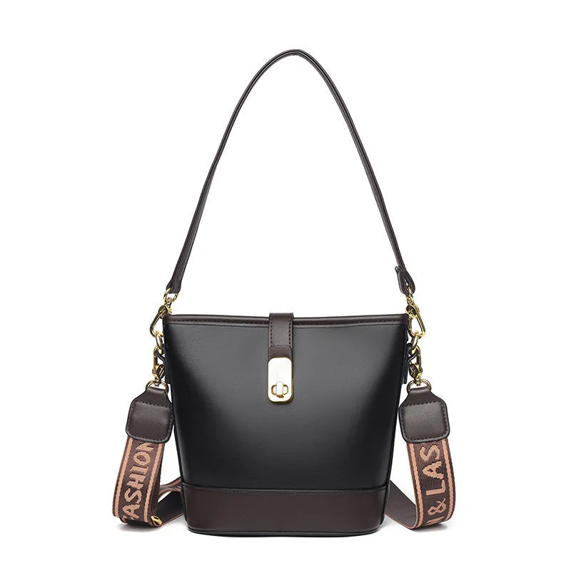 Korean style black PU bucket messenger bag with organised interior compartments and double shoulder straps