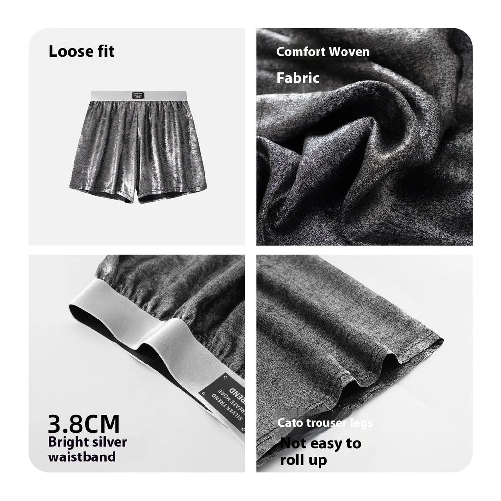 Men's reflective silver woven polyester underwear with mid-waist design for sports and casual wear