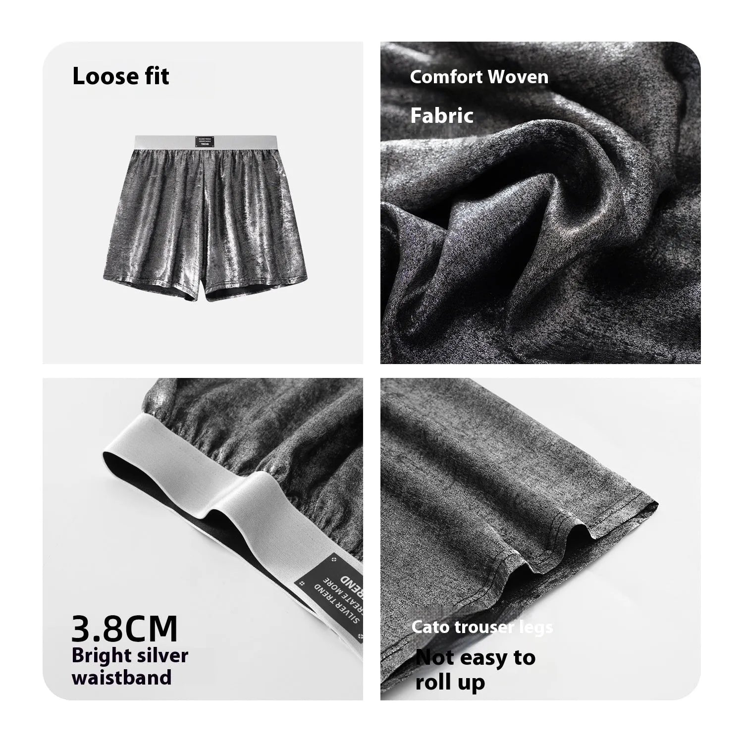 Men's reflective silver woven polyester underwear with mid-waist design for sports and casual wear