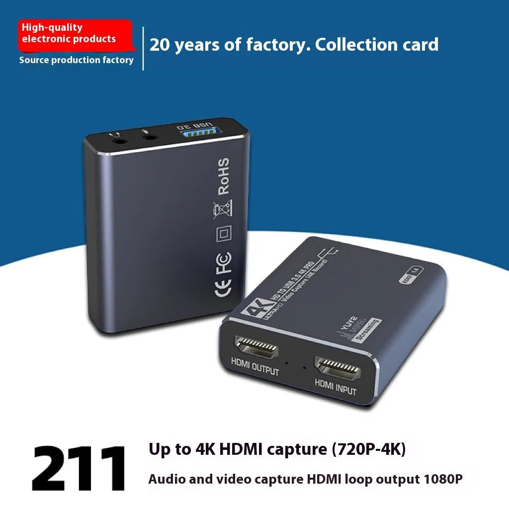 Black 4K gaming set-top box with MS2131 chip for audio recording and 1080p resolution