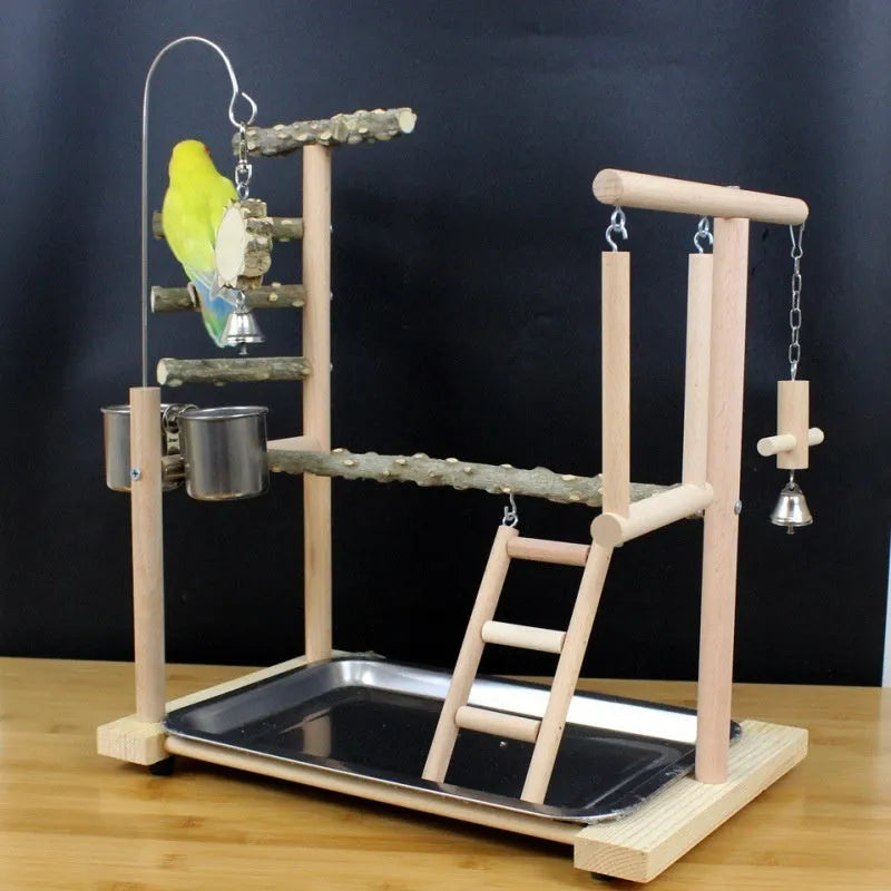 Pepper wood parrot stand with platform, pole, and attached patterned chew toys