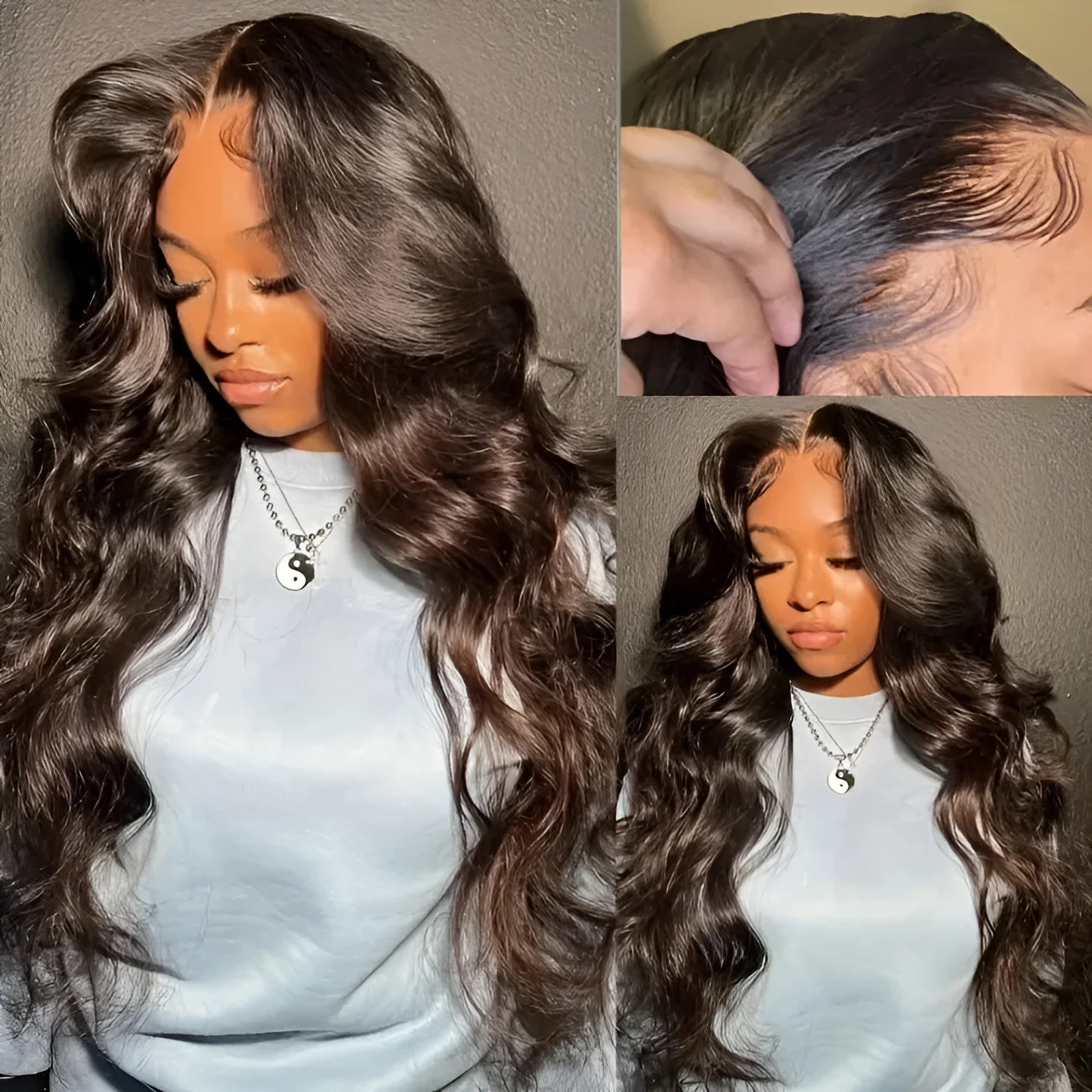 Long curly dark brown synthetic lace front wig with side fringe laid flat