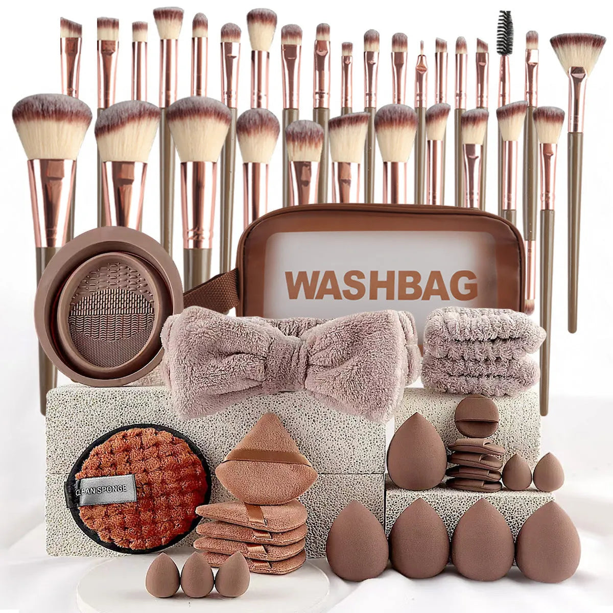 Beauty tools combination set with hydrophilic non-latex sponges in brown, pink and purple colour options
