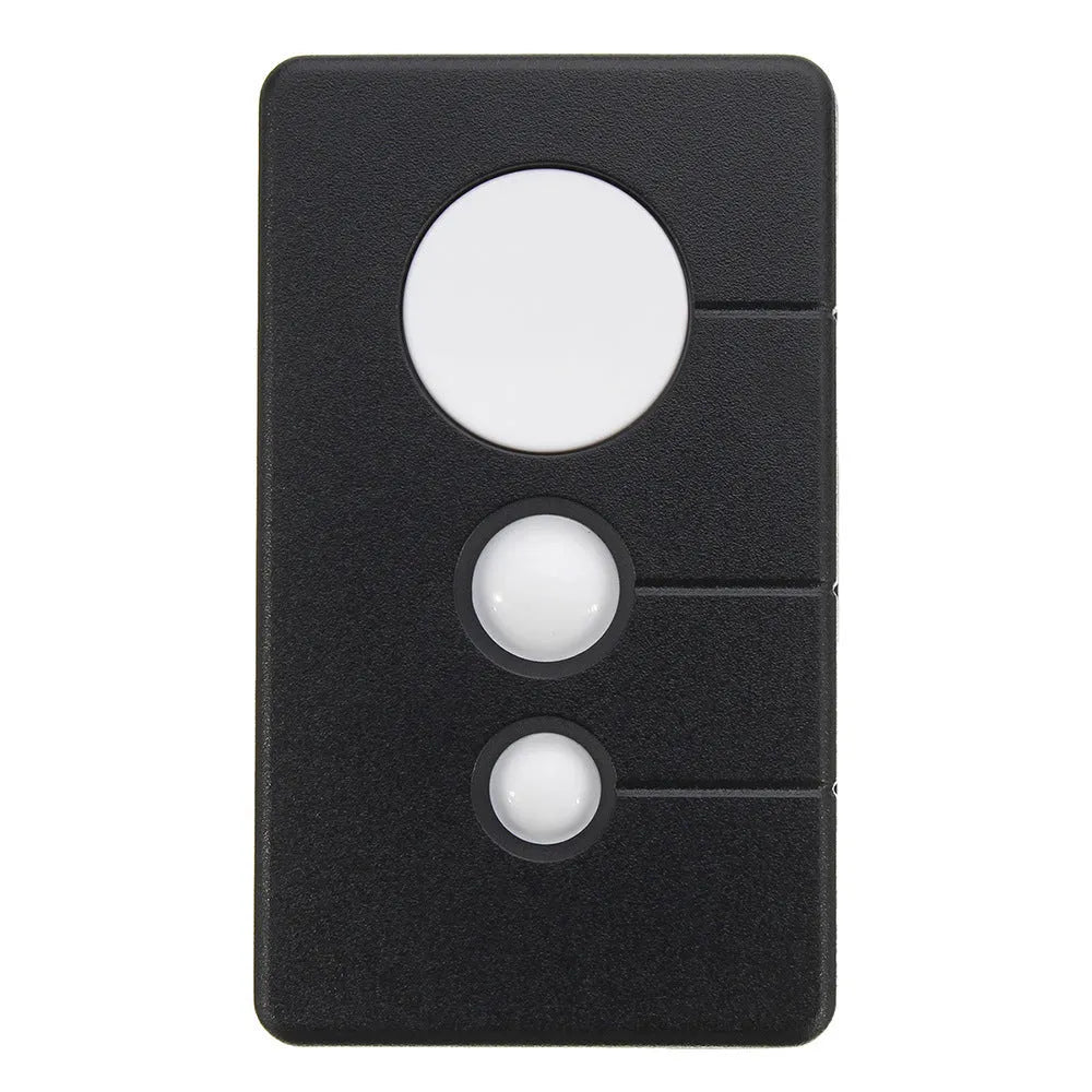Black three-button garage door remote control with keyring loop next to a CR2032 battery.