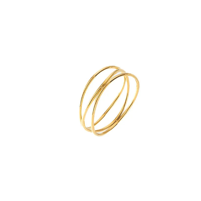 Three-layer geometric coil gold ring in electroplated titanium steel women's jewellery