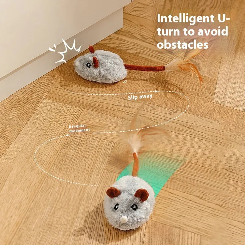 Electric self-moving cat toy with pink plush mouse attachment showing Type-C charging port